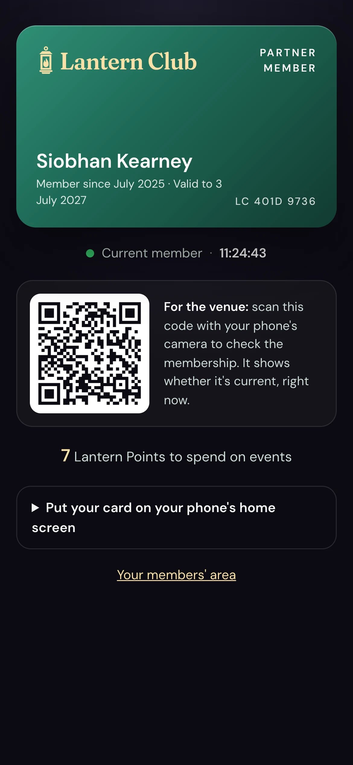 A member’s card on a phone, with a QR code for the venue to scan